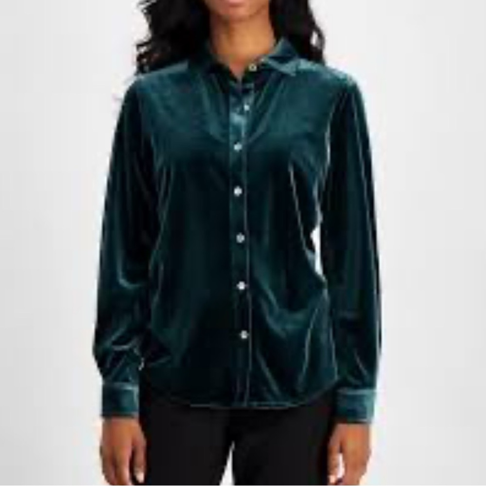 NWT Anne Klein szXSP Treeline Green Velvet Women's button down Top